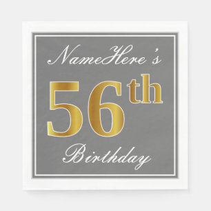 Elegant Grey, Faux Gold 56th Birthday; Custom Name Napkin