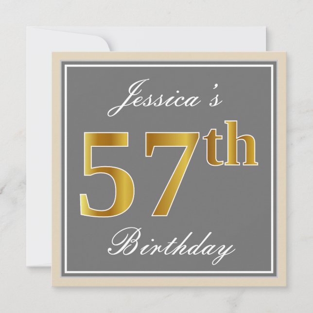 Elegant, Grey, Faux Gold 57th Birthday + Name Invitation (Front)