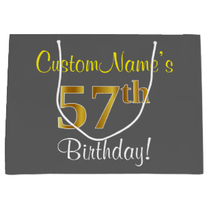 Elegant, Grey, Faux Gold 57th Birthday + Name Large Gift Bag