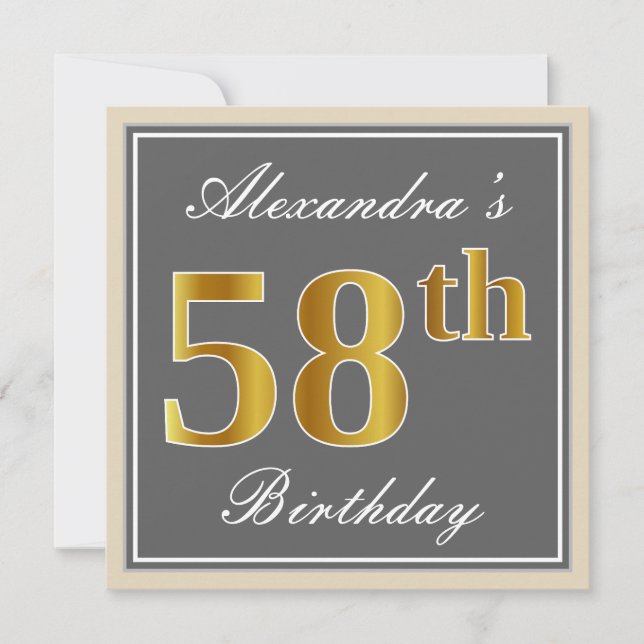 Elegant, Grey, Faux Gold 58th Birthday + Name Invitation (Front)