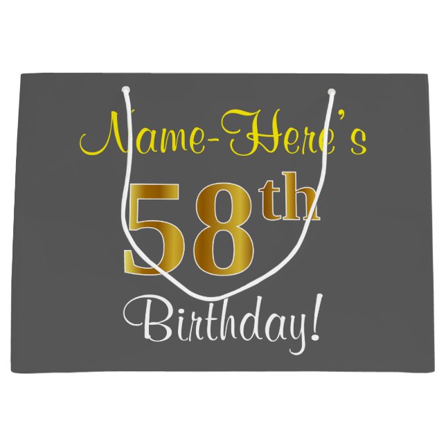 Elegant, Grey, Faux Gold 58th Birthday + Name Large Gift Bag (Front)