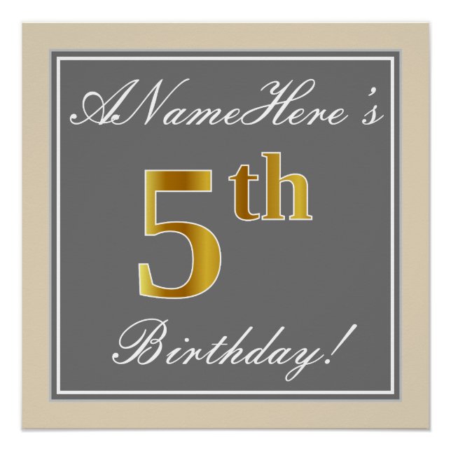 Elegant, Grey, Faux Gold 5th Birthday; Custom Name Poster (Front)
