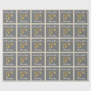 Elegant, Grey, Faux Gold 5th Birthday; Custom Name Wrapping Paper