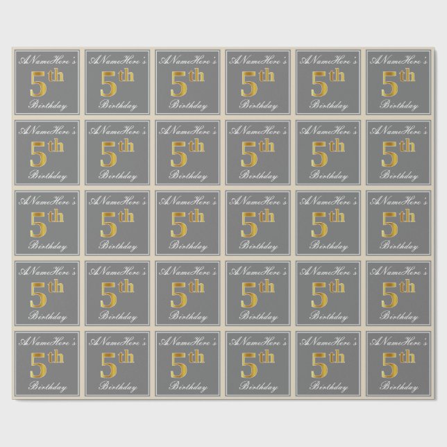 Elegant, Grey, Faux Gold 5th Birthday; Custom Name Wrapping Paper (Flat)