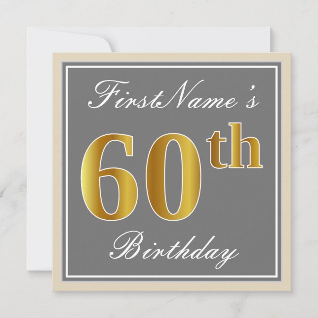 Elegant, Grey, Faux Gold 60th Birthday + Name Invitation (Front)
