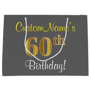Elegant, Grey, Faux Gold 60th Birthday + Name Large Gift Bag