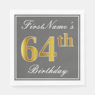 Elegant Grey, Faux Gold 64th Birthday; Custom Name Napkin