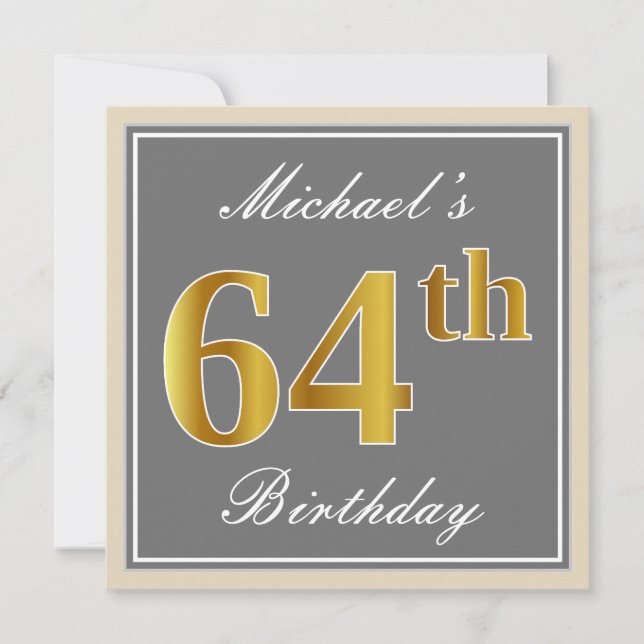 Elegant, Grey, Faux Gold 64th Birthday + Name Invitation (Front)
