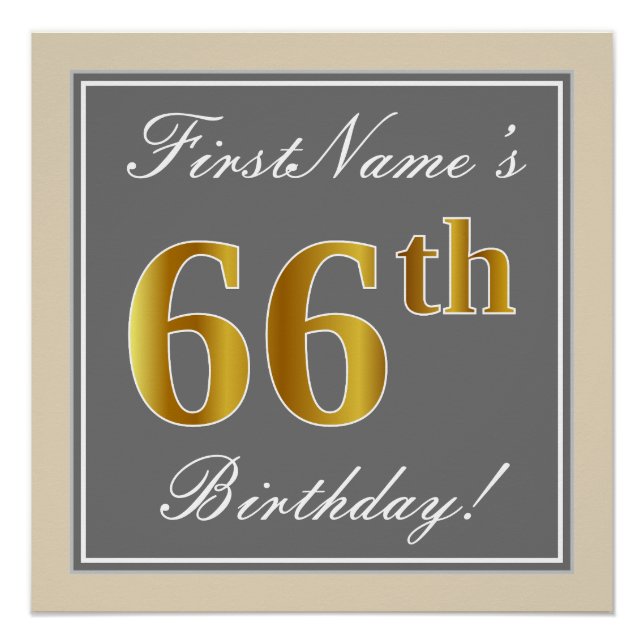 Elegant, Grey, Faux Gold 66th Birthday + Name Poster (Front)