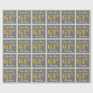 Elegant, Grey, Faux Gold 68th Birthday + Name Wrapping Paper