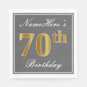 Elegant Grey, Faux Gold 70th Birthday; Custom Name Napkin