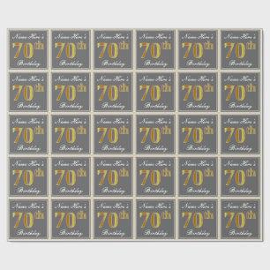 Elegant, Grey, Faux Gold 70th Birthday + Name Wrapping Paper
