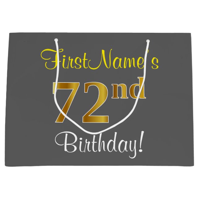 Elegant, Grey, Faux Gold 72nd Birthday + Name Large Gift Bag (Front)