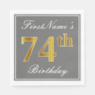 Elegant Grey, Faux Gold 74th Birthday; Custom Name Napkin