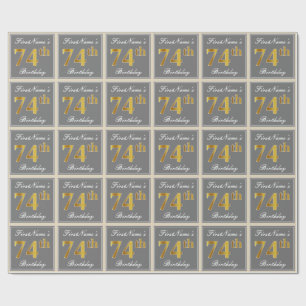 Elegant, Grey, Faux Gold 74th Birthday + Name Wrapping Paper