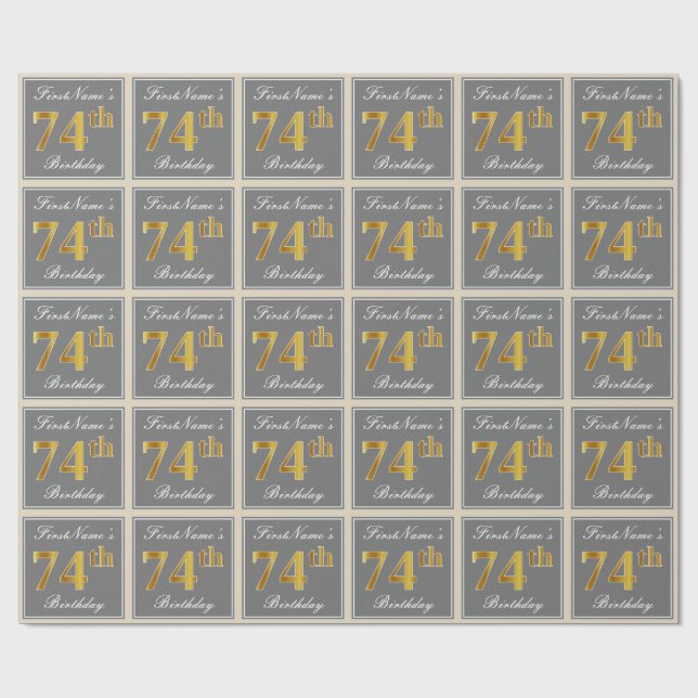 Elegant, Grey, Faux Gold 74th Birthday + Name Wrapping Paper (Flat)