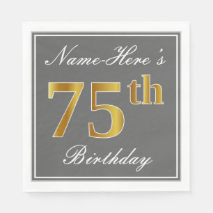 Elegant Grey, Faux Gold 75th Birthday; Custom Name Napkin
