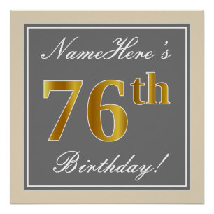 Elegant, Grey, Faux Gold 76th Birthday + Name Poster