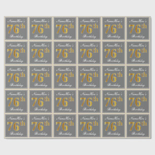 Elegant, Grey, Faux Gold 76th Birthday + Name Wrapping Paper