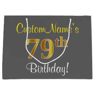 Elegant, Grey, Faux Gold 79th Birthday + Name Large Gift Bag