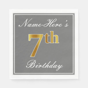 Elegant Grey, Faux Gold 7th Birthday + Custom Name Napkin