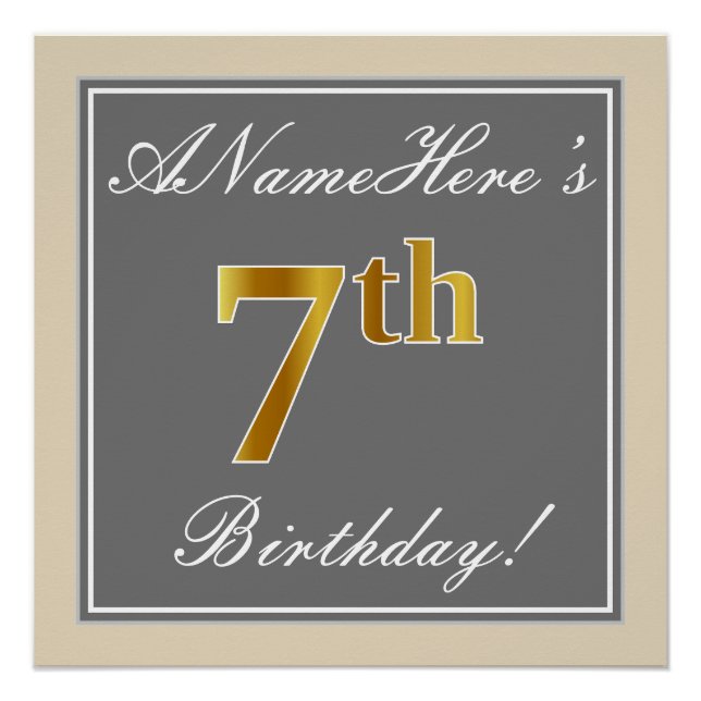 Elegant, Grey, Faux Gold 7th Birthday; Custom Name Poster (Front)
