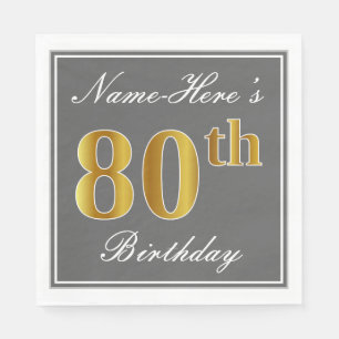 Elegant Grey, Faux Gold 80th Birthday; Custom Name Napkin