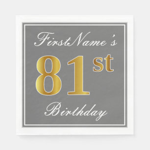 Elegant Grey, Faux Gold 81st Birthday; Custom Name Napkin