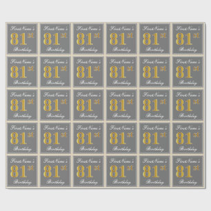 Elegant, Grey, Faux Gold 81st Birthday + Name Wrapping Paper