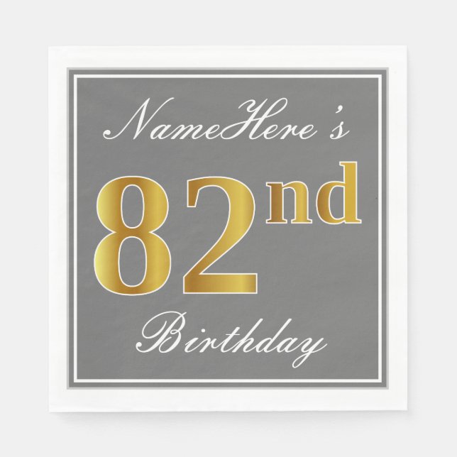 Elegant Grey, Faux Gold 82nd Birthday; Custom Name Napkin (Front)