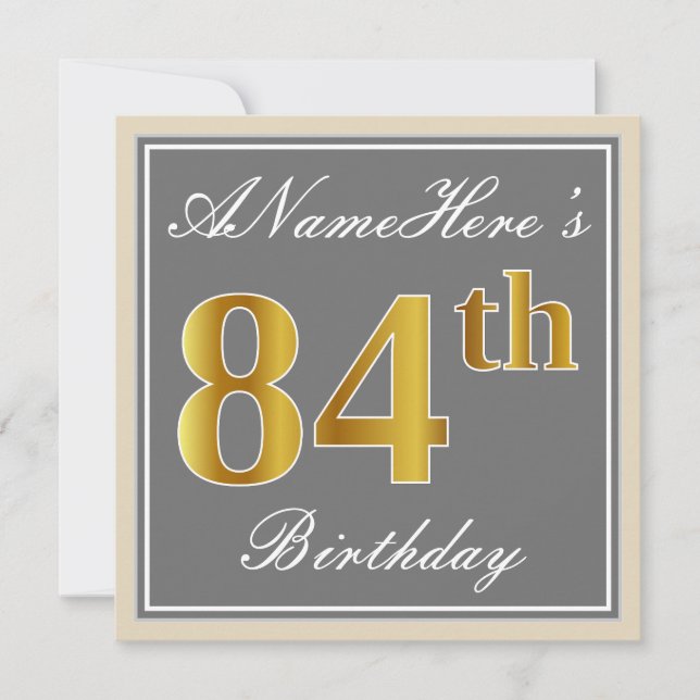 Elegant, Grey, Faux Gold 84th Birthday + Name Invitation (Front)