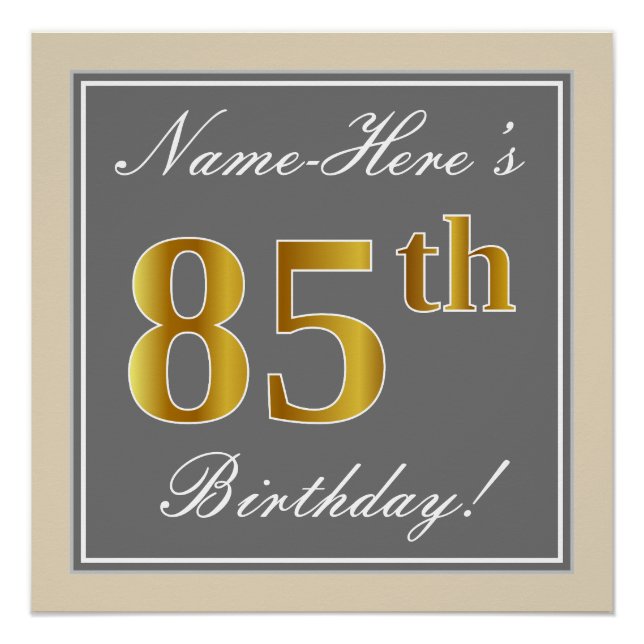 Elegant, Grey, Faux Gold 85th Birthday + Name Poster (Front)