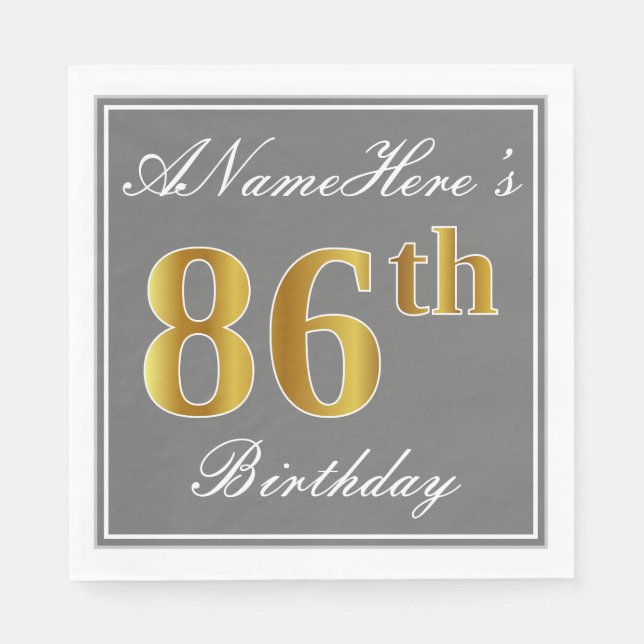 Elegant Grey, Faux Gold 86th Birthday; Custom Name Napkin (Front)