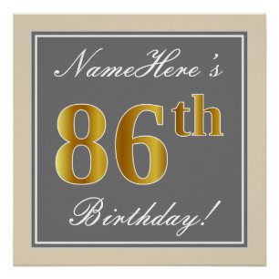 Elegant, Grey, Faux Gold 86th Birthday + Name Poster