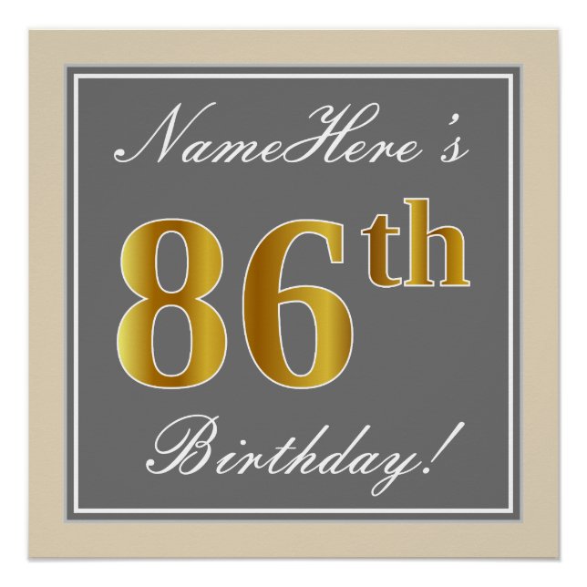 Elegant, Grey, Faux Gold 86th Birthday + Name Poster (Front)