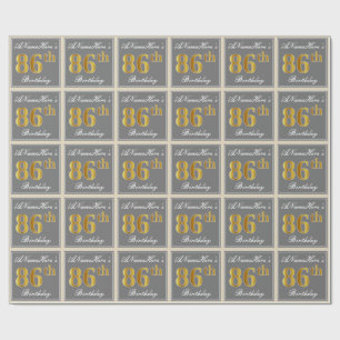 Elegant, Grey, Faux Gold 86th Birthday + Name Wrapping Paper