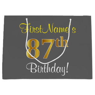 Elegant, Grey, Faux Gold 87th Birthday + Name Large Gift Bag