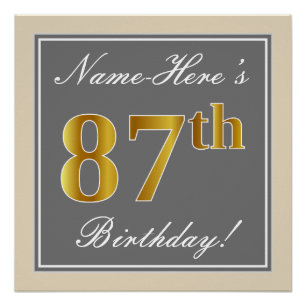 Elegant, Grey, Faux Gold 87th Birthday + Name Poster
