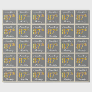 Elegant, Grey, Faux Gold 87th Birthday + Name Wrapping Paper