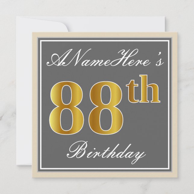 Elegant, Grey, Faux Gold 88th Birthday + Name Invitation (Front)