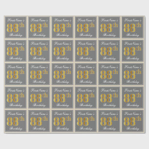 Elegant, Grey, Faux Gold 88th Birthday + Name Wrapping Paper
