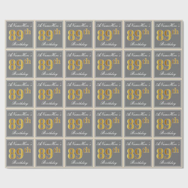 Elegant, Grey, Faux Gold 89th Birthday + Name Wrapping Paper (Flat)