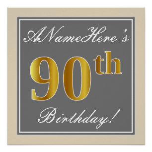 Elegant, Grey, Faux Gold 90th Birthday + Name Poster