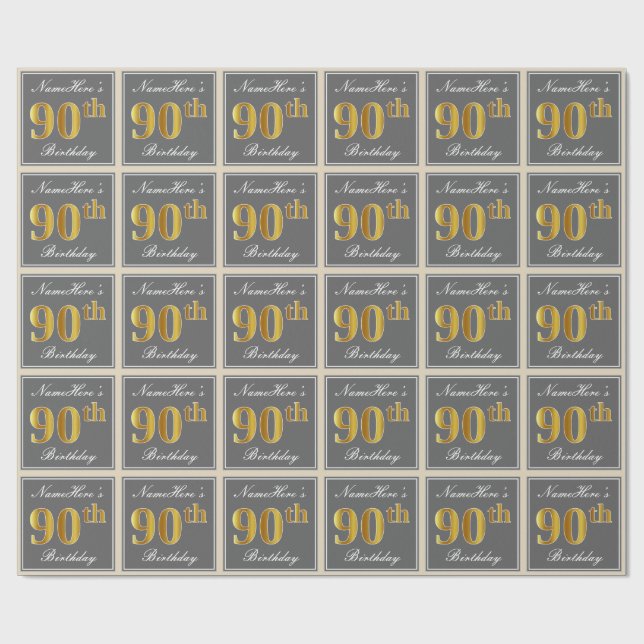 Elegant, Grey, Faux Gold 90th Birthday + Name Wrapping Paper (Flat)