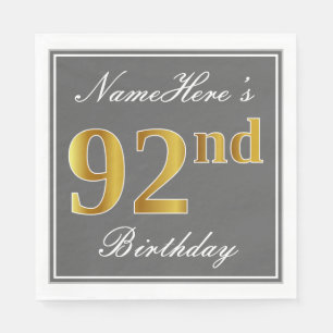 Elegant Grey, Faux Gold 92nd Birthday; Custom Name Napkin