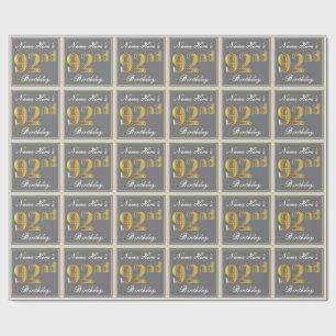 Elegant, Grey, Faux Gold 92nd Birthday + Name Wrapping Paper