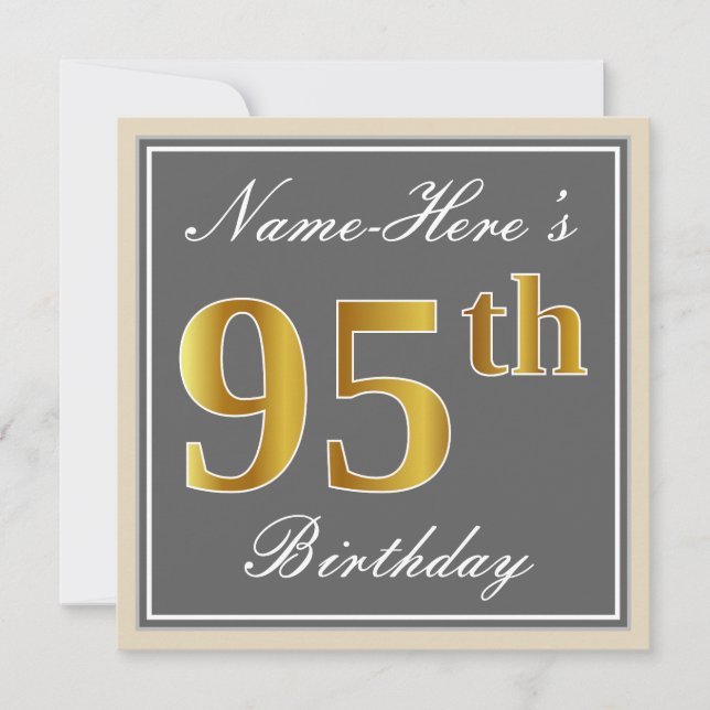 Elegant, Grey, Faux Gold 95th Birthday + Name Invitation (Front)