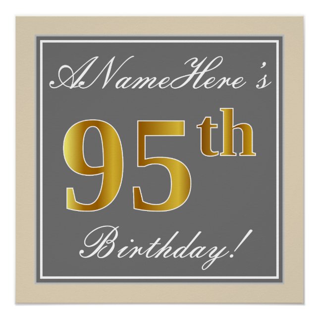 Elegant, Grey, Faux Gold 95th Birthday + Name Poster (Front)