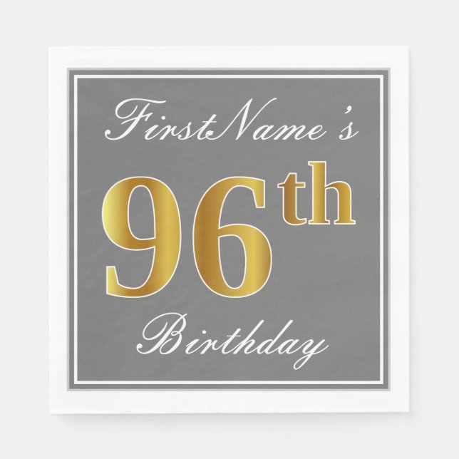 Elegant Grey, Faux Gold 96th Birthday; Custom Name Napkin (Front)