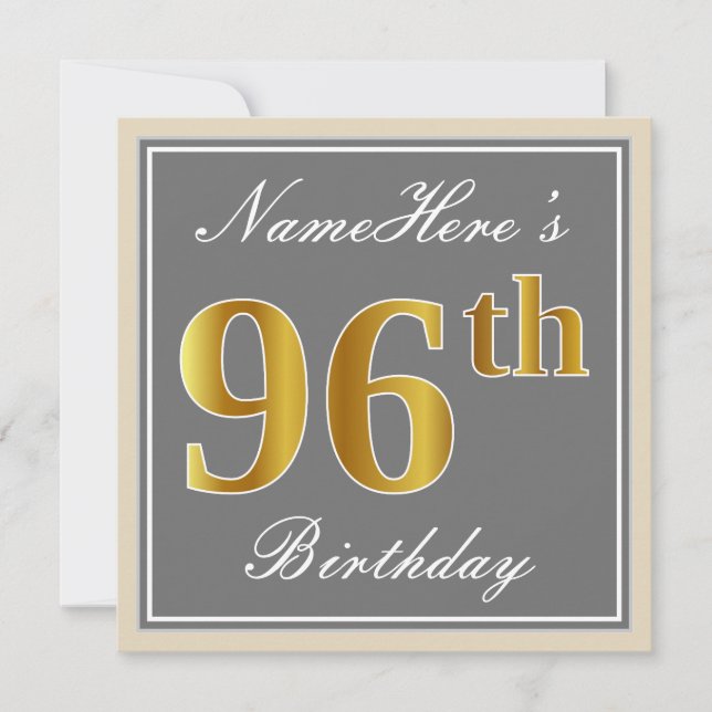 Elegant, Grey, Faux Gold 96th Birthday + Name Invitation (Front)
